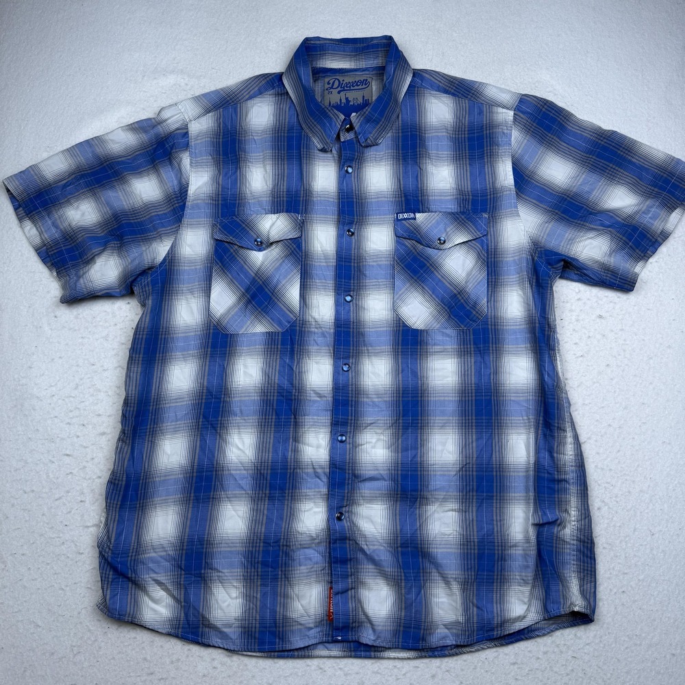 Dixxon Shirt Mens 2XL Blue Plaid Short Sleeve Snap Button Up 1947 Bamboo